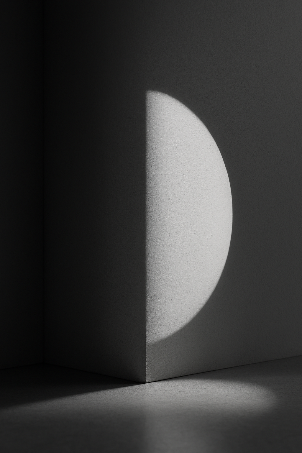 Schwarz-weiss Fotografie eines Innenraums. Ein heller Lichtkreis ist nur zur Hälfte sichtbar und fällt an eine Wandkante, die den Raum in Schatten und Licht teilt. Minimalistisch, ruhig, modern.