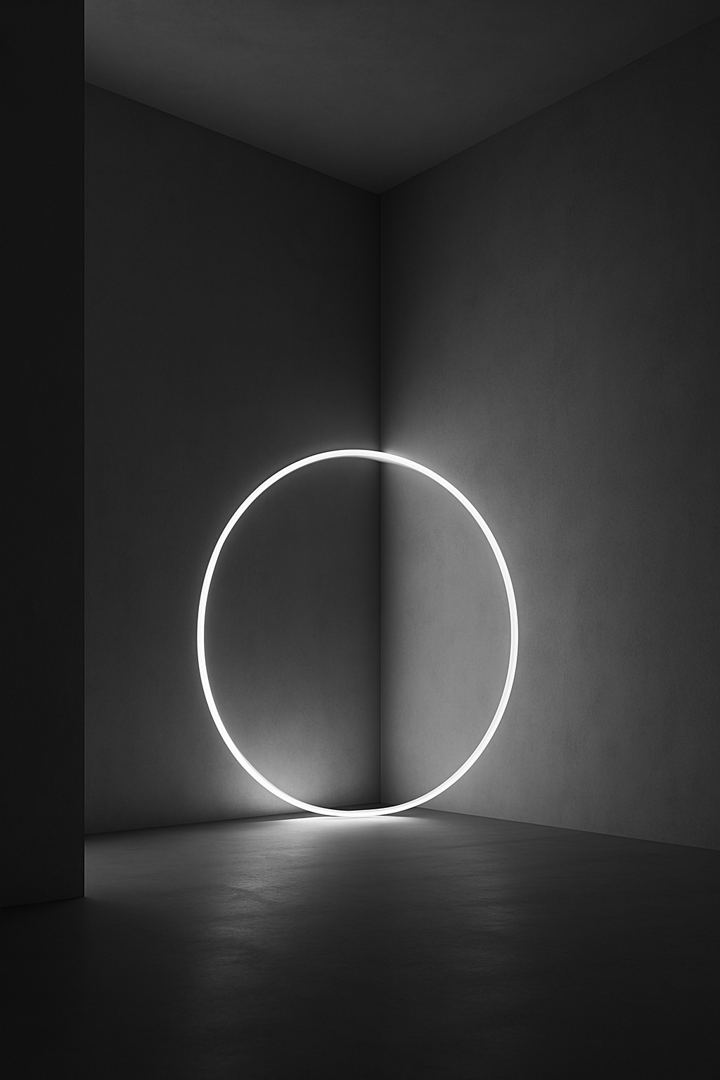 Schwarz-weiss Fotografie eines leeren Raumes. Ein leuchtender Kreis aus Licht zeichnet sich klar auf Boden und Wand ab. Minimalistisch, ruhig, modern.