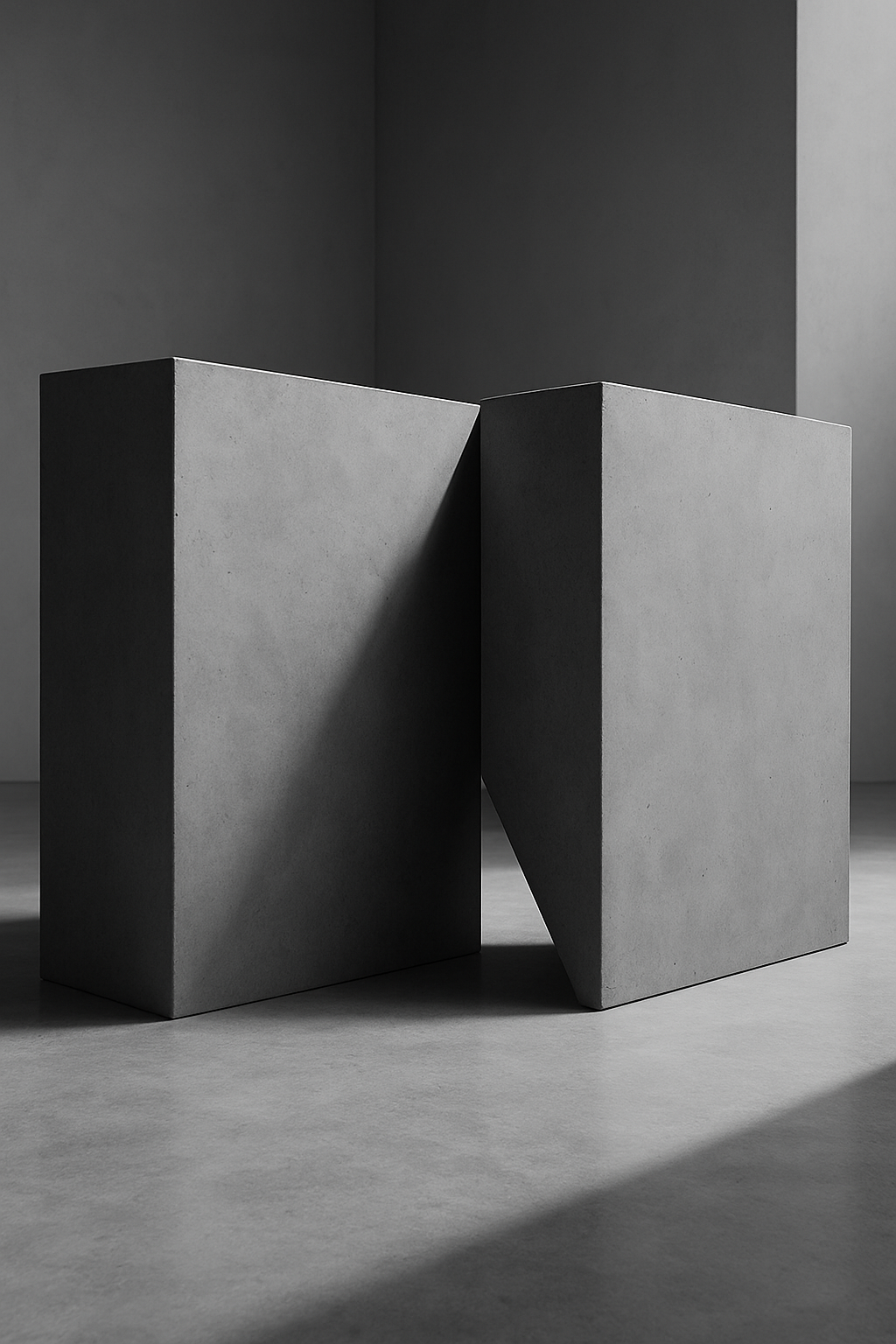 Schwarz-weiss Fotografie von zwei massiven Betonblöcken, die sich an einer Kante berühren. Einer schiebt sich leicht in den anderen hinein. Minimalistisch, ruhig, modern.