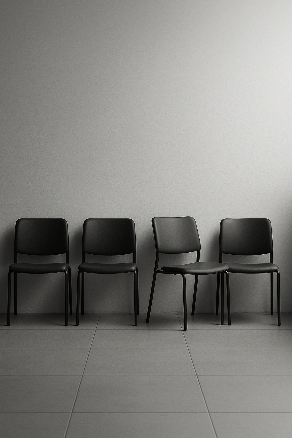 Schwarz-weiss Fotografie von vier schlichten Stühlen in einer Reihe vor einer glatten Wand. Einer der Stühle ist leicht abgerückt und steht schief. Minimalistisch, ruhig, modern.