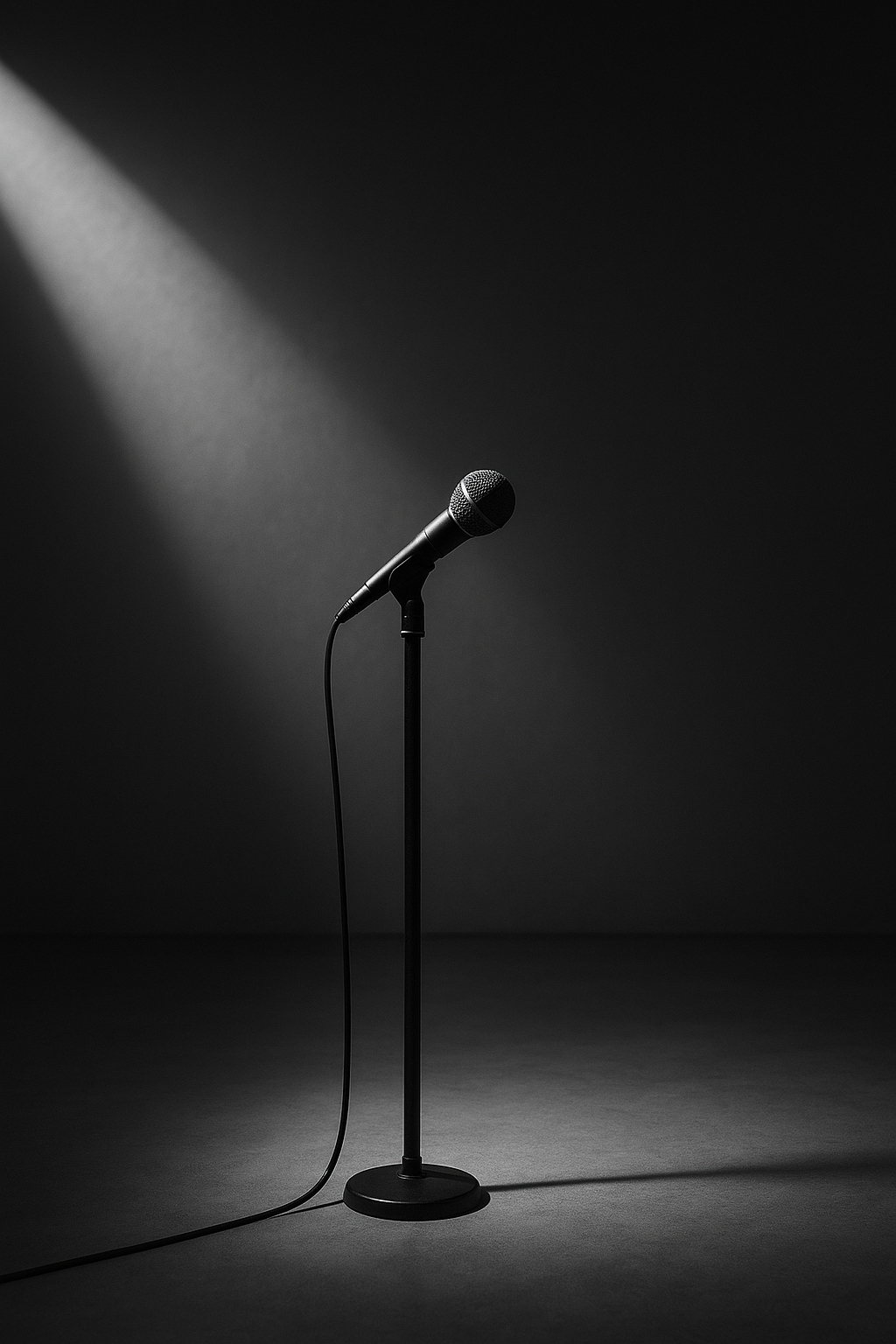 Schwarz-weiss Fotografie eines einzelnen Mikrofons auf Ständer. Ein Lichtstrahl fällt von links oben darauf, der Rest des Raumes bleibt dunkel. Minimalistisch, ruhig, modern.