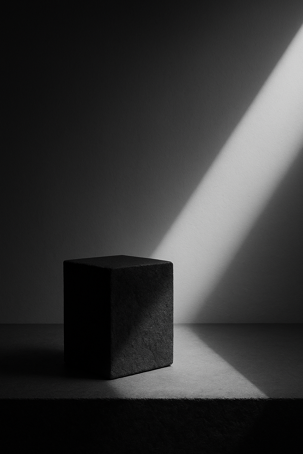 Schwarz-weiss Fotografie eines massiven Blocks, der schwer im Vordergrund steht. Ein klarer Lichtstrahl fällt diagonal von oben rechts in den Raum und wirft Schatten. Minimalistisch, ruhig, modern.