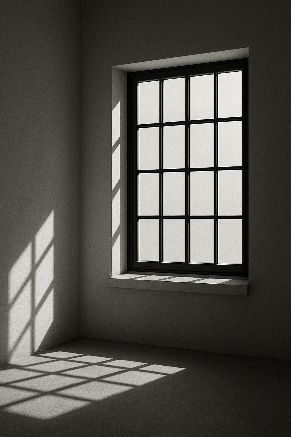 Schwarz-weiss Fotografie eines Fensters mit Gittermuster. Sonnenlicht fällt durch die Scheiben und wirft ein klares Schattengitter auf Wand und Boden. Minimalistisch, ruhig, modern.